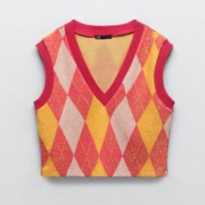 Zara pink, red and yellow argyle V-neck jacquard knit vest NWT
